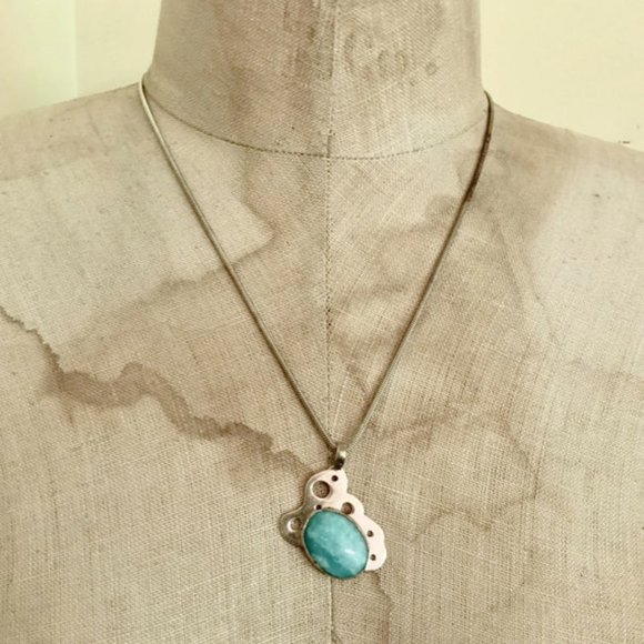 Amazonite Pendant, Sterling Silver, Larimar Necklace, Vintage, Modern - Picture 6 of 6